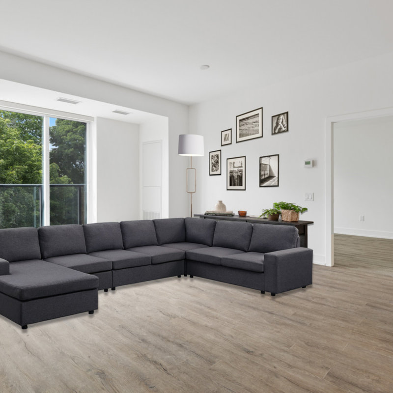 Canapé modulaire 146,5 po avec méridienne réversible, Lin gris foncé