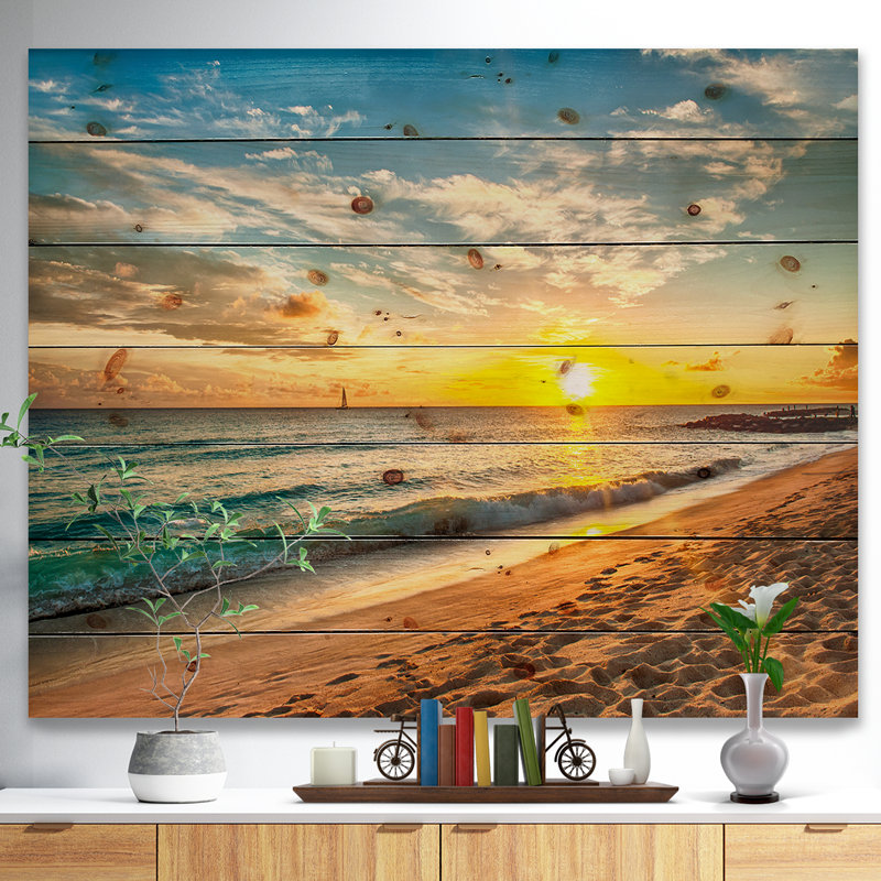 Plage blanche à l'île de la Barbade - impression de paysage marin moderne, H 36 po x l 46 po x P 1,5 po, Bois