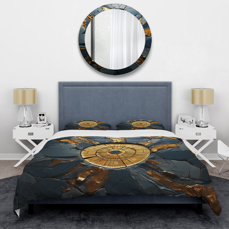 Carrelage mosaïque doré et noir I - Ensemble de housse de couette à carreaux abstraits
