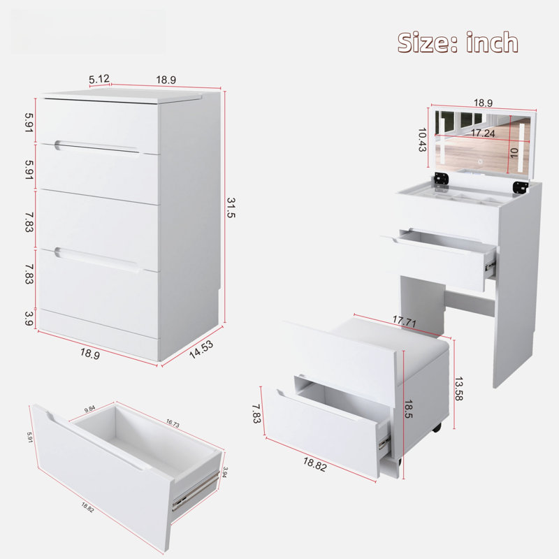3 In 1 Vanity Desk With Open Top Mirror, Visible Glass Desktop And Storage Compartments, 3 Drawers, A Cushion Stool