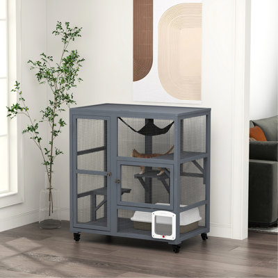 Enclos pour chat d'intérieur en bois 39 po, gris - à plusieurs niveaux avec plateformes et porte à rabat pour 2 chats jusqu'à 12 lb au total, enclos de 39 po, livres compilées