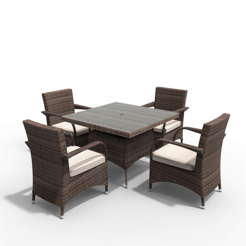 Abrihome 5-piece Outdoor Dining Set With Square Table In Pe Wicker And Cushions, Brown/Beige
