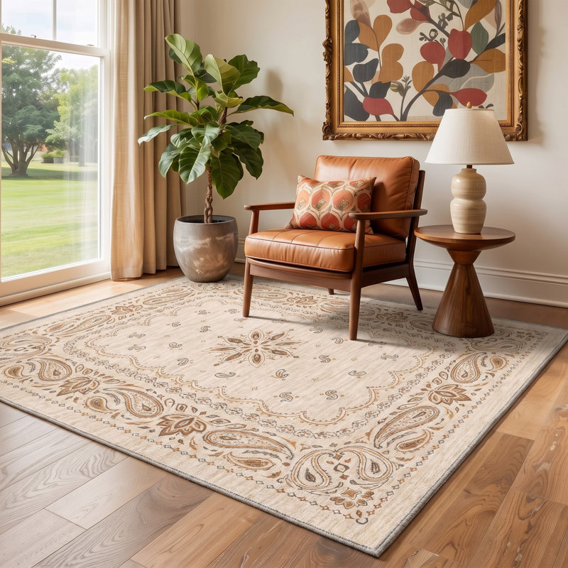 Tapis cachemire ivoire / beige lavable à la machine avec envers antidérapant, Rectangle 9 pi x 12 pi