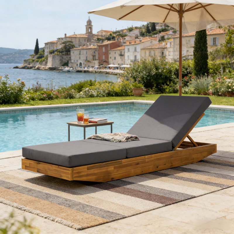 Chaise longue en bois d'acacia avec coussin, Gris foncé