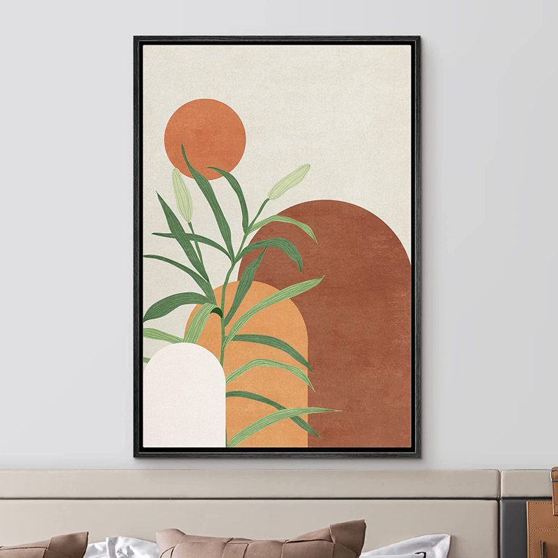 «Mid Century Shape Polygon Palm Leaf Abstract Geometric Illustration - Floater Frame», impression sur toile, Noir