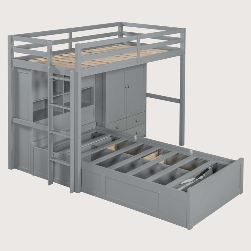 Lit superposé Kerianna avec tiroirs, garde-robe, tablettes de rangement et lit hydraulique, Gris