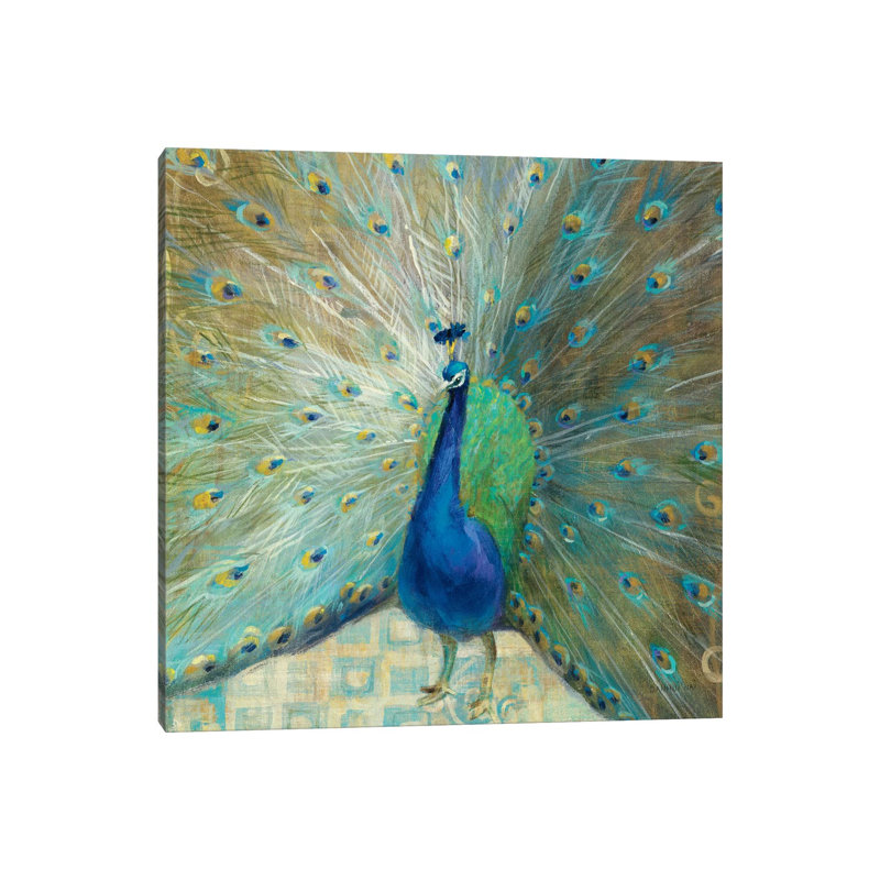 Paon bleu sur or par Danhui Nai - reproduction d'art, H 18 po x l 18 po x 1,5 po, Toile tendue