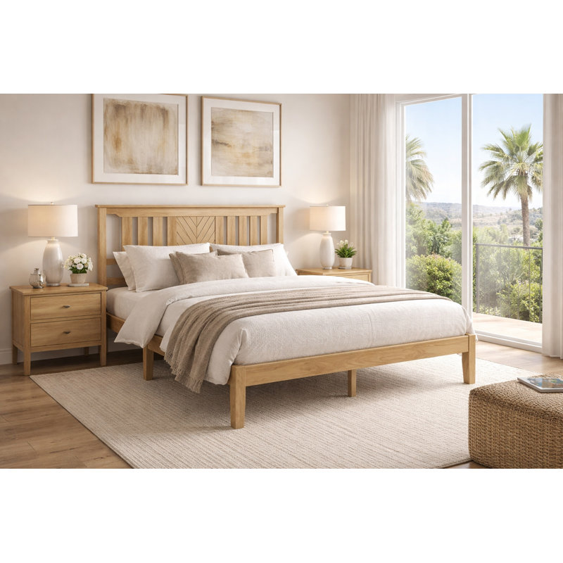 Structure de lit plateforme en bois de pin massif avec tête de lit HarborCraft - Finition bois naturel, Beige, Grand lit