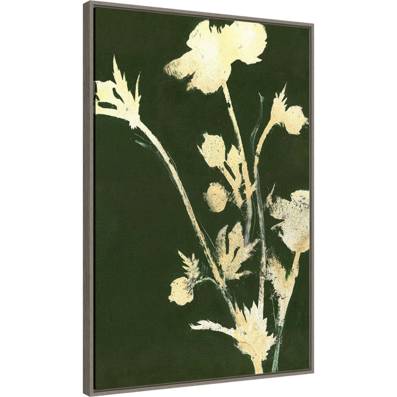 Ghostly White Floral Print on Dark Green Canvas with Frame