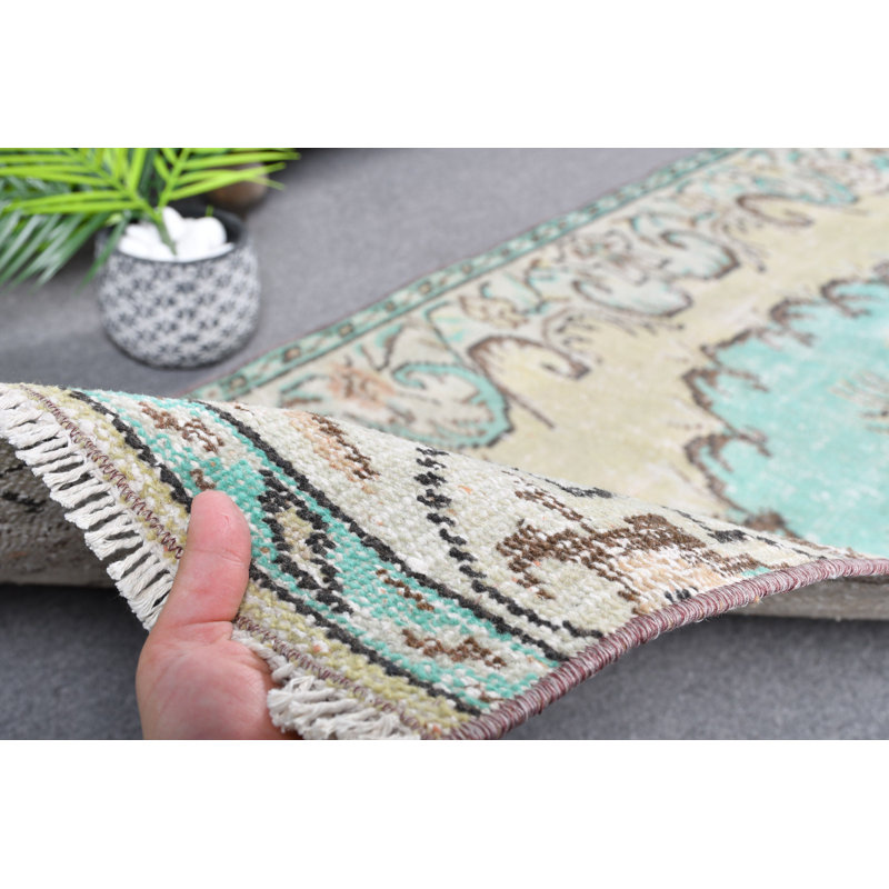 Tapis de couloir turc vintage tissé à la main en vert avec motif floral Boho - Jaune / vert