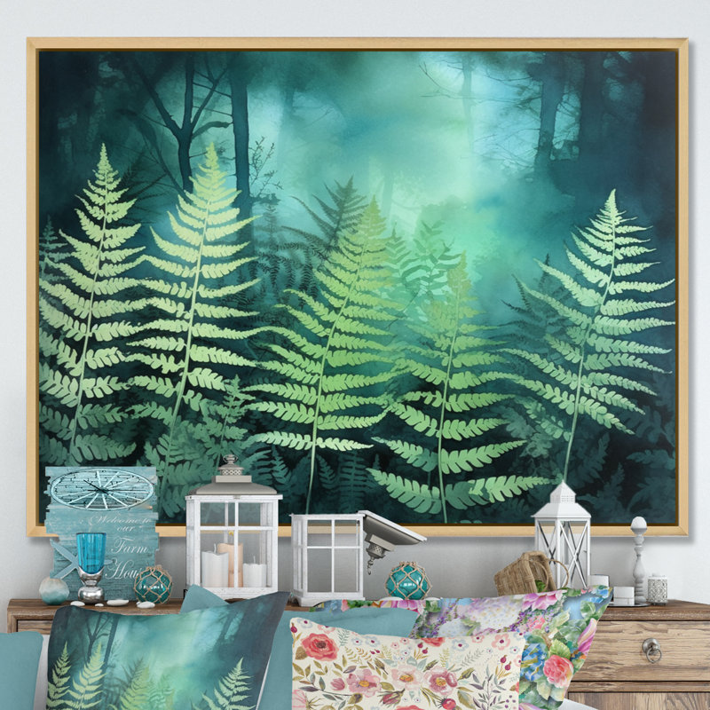 «Green Teal Fern Flowers», impression sur toile, H 24 po x l 32 po x P 1,5 po, Cadre naturel flottant