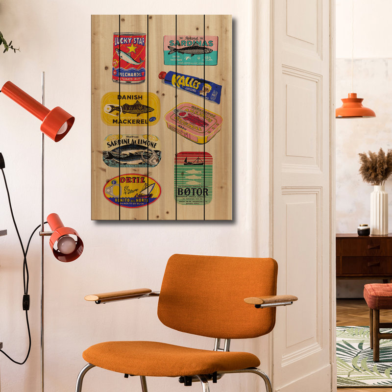 Reproduction d'art mural en bois - poisson en conserve par Studio Mandariini, H 26 po x l 18 po