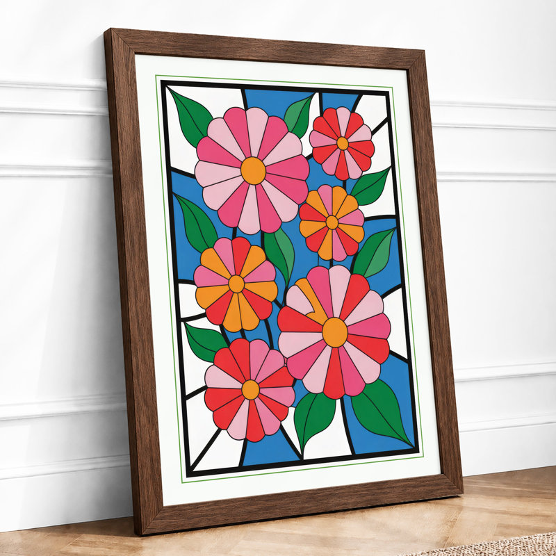 Stained Glass Flowers Botanical - Framed Print, Walnut, A4 - 29.7 x 21.0 cm