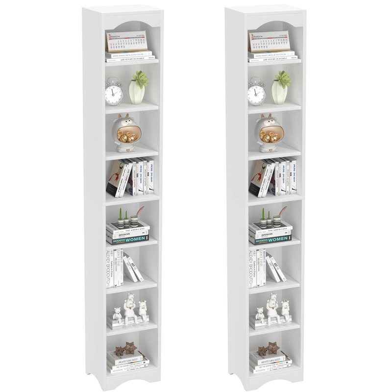 Tall Narrow Bookcase Set of 2 with Adjustable Shelves, 8 Tier Slim Storage Bookshelf with Anti-Tip Device,  Storage Cabinet Floor Standing Display Shelf for Small Spaces