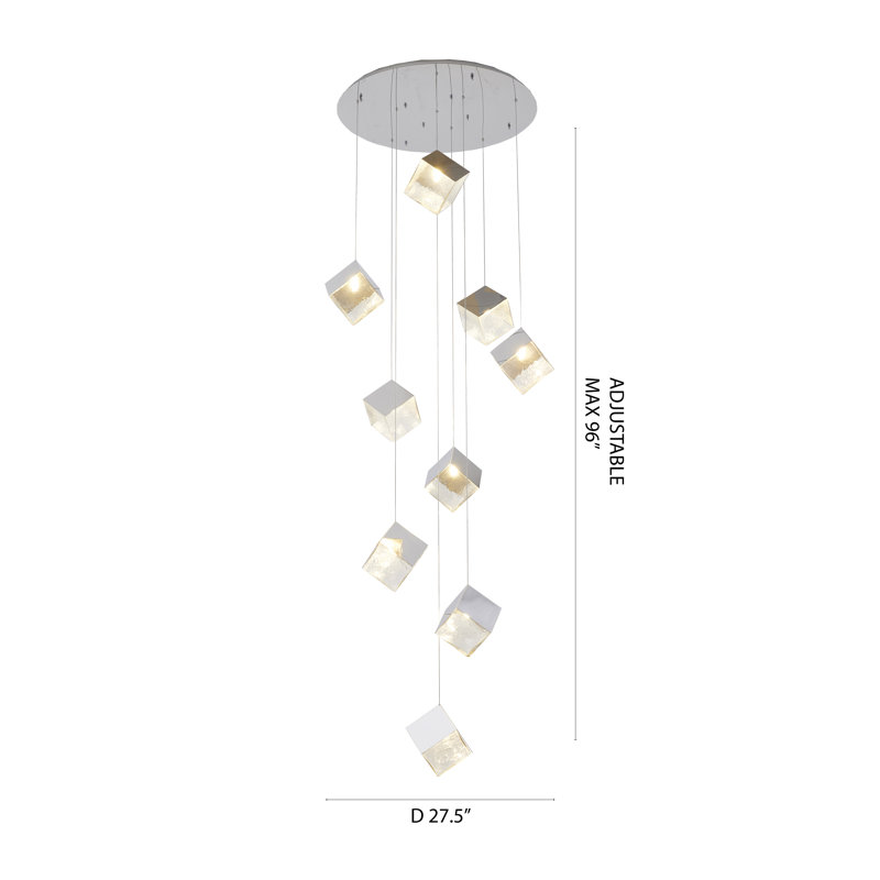 Lustre cube moderne en verre 9 lumières , Chrome