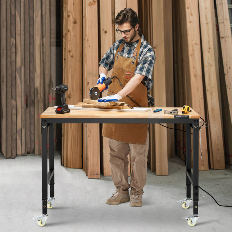 48" Workbench on Wheels Adjustable Height Table with Power Outlet & Pegboard