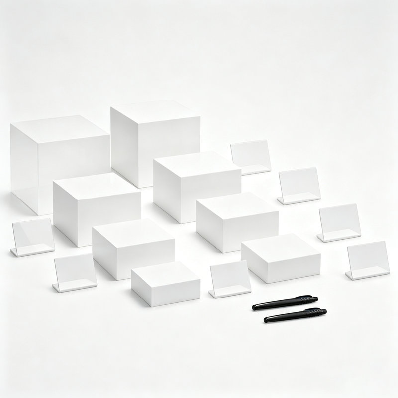 8 risers en acrylique avec mini enseignes