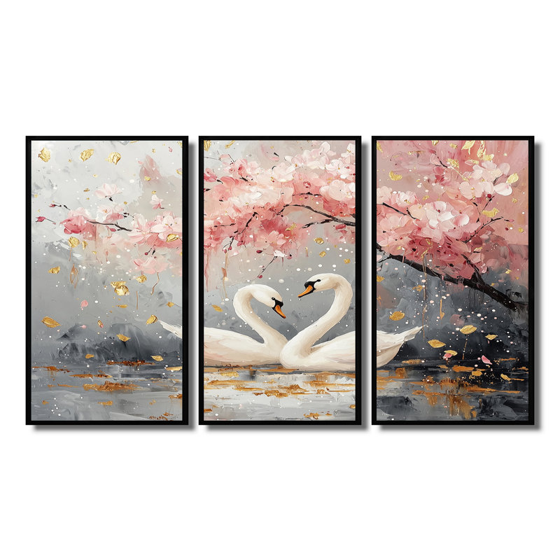 Ensemble de salon art mural cygne rose et or Love Under Cherry Blossom II, H 28 po x l 36 po x P 1 po