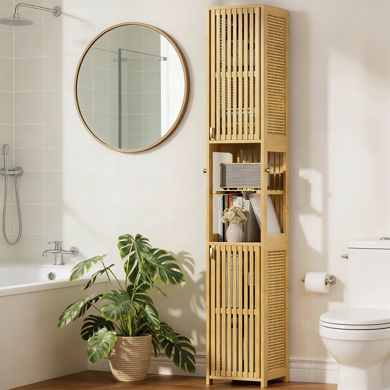 70" Tall Bamboo Bathroom Storage Cabinet With Rattan Doors, Adjustable Shelves For Living Room, Kitchen, Natural