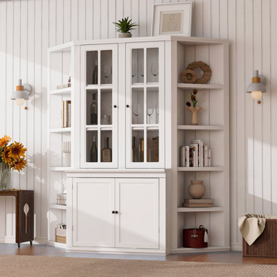 Armoire de rangement haute et deux tablettes triangulaires, ensemble mural de style rétro de 69,25 po de largeur avec portes en verre