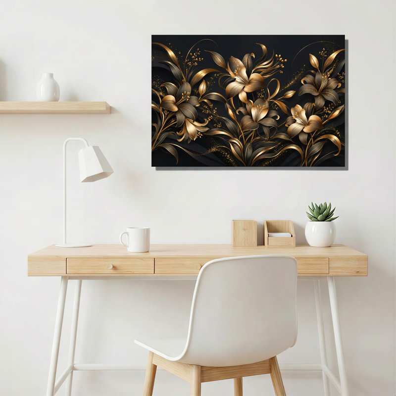 Lys et feuillage doré métallisé sur fond noir, tableau sur toile, H 32 po x l 48 po