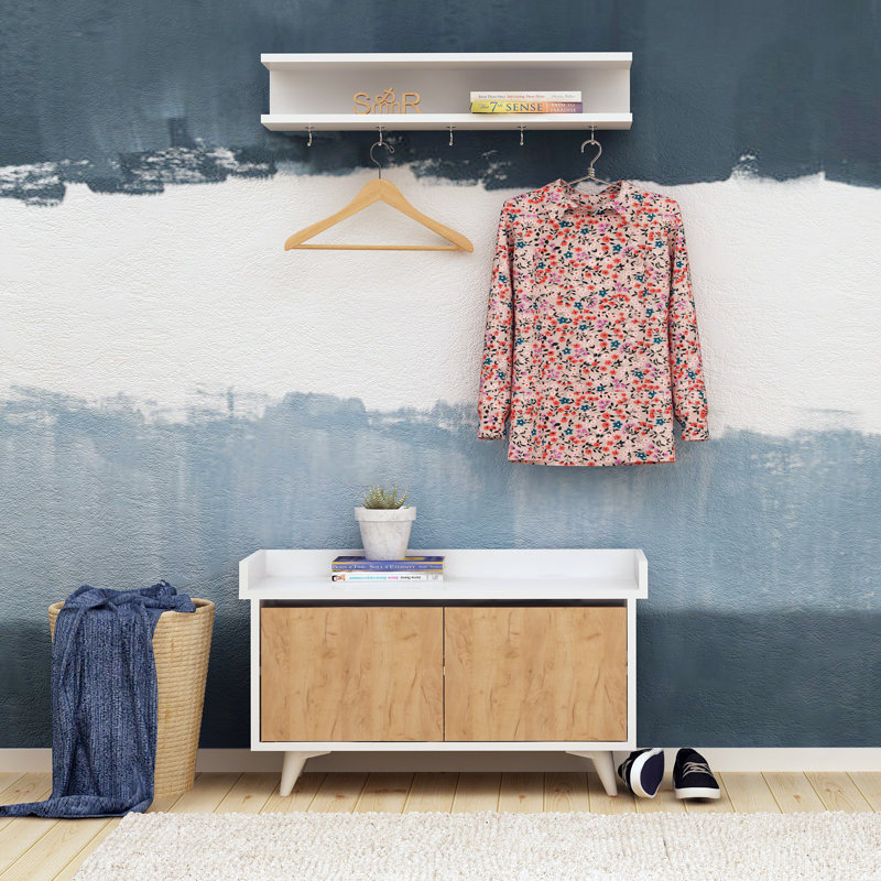 Modern Hall Stand with Wall Hooks, Oak & White Finish, 35.4 x 23.6 x 13.8 inches | 100% Melamine Coated Particle Board, Multiple Shelves & Wall-Mountable Design | Scandinavian Style, Perfect for Entryway Storage