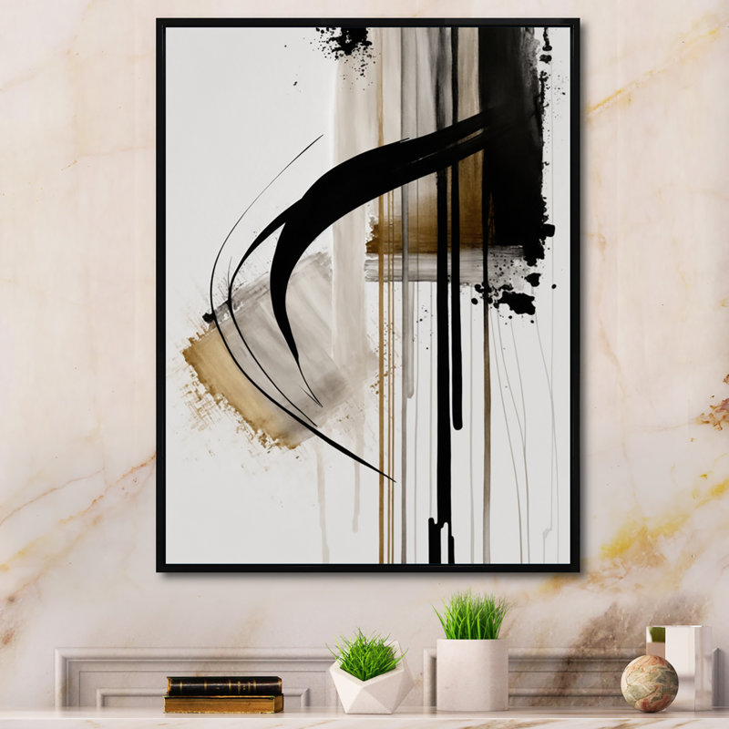 Noir, blanc et or Expression I - art mural abstrait, H 20 po x l 12 po, Toile avec cadre flottant, Noir