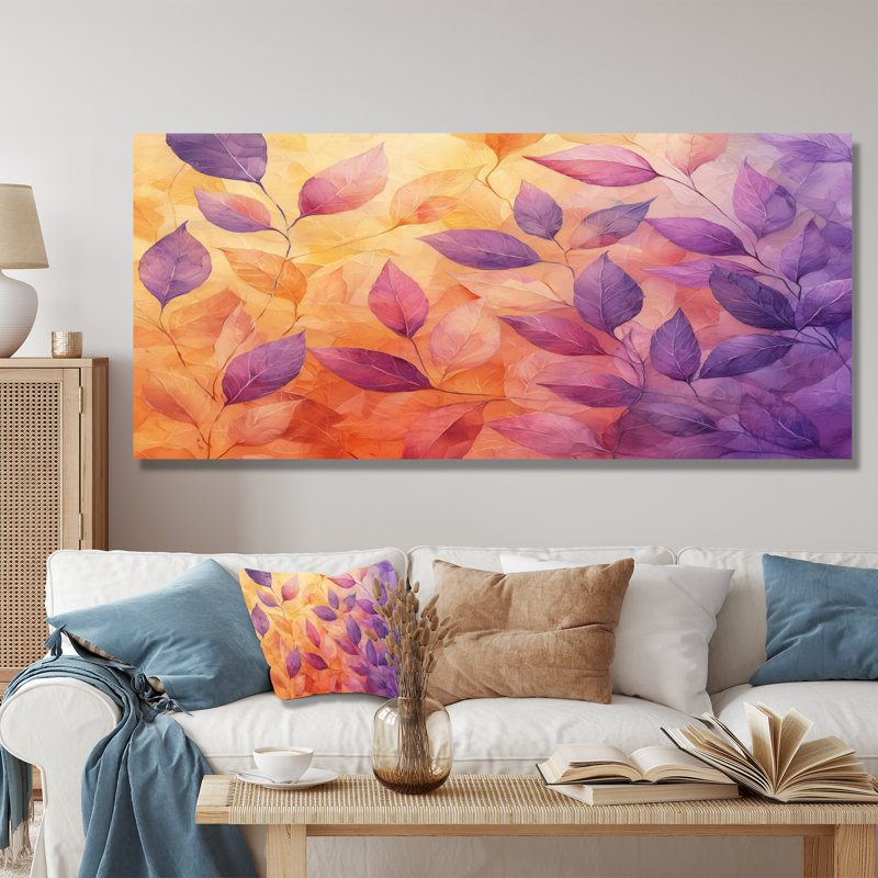 Inbar Sunset Leaves I - feuilles, art mural, H 28 po x l 60 po, Toile tendue, Ne s’applique pas