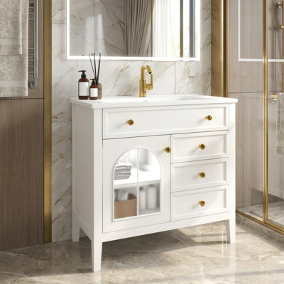 35.6" Mid-Century Bathroom Vanity Sink With Two Patterned Glass Door & Motion-Sensor Light Strip