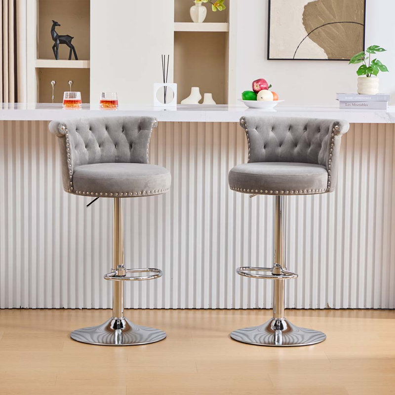 Ensemble de 2 tabourets de bar en velours, Gris