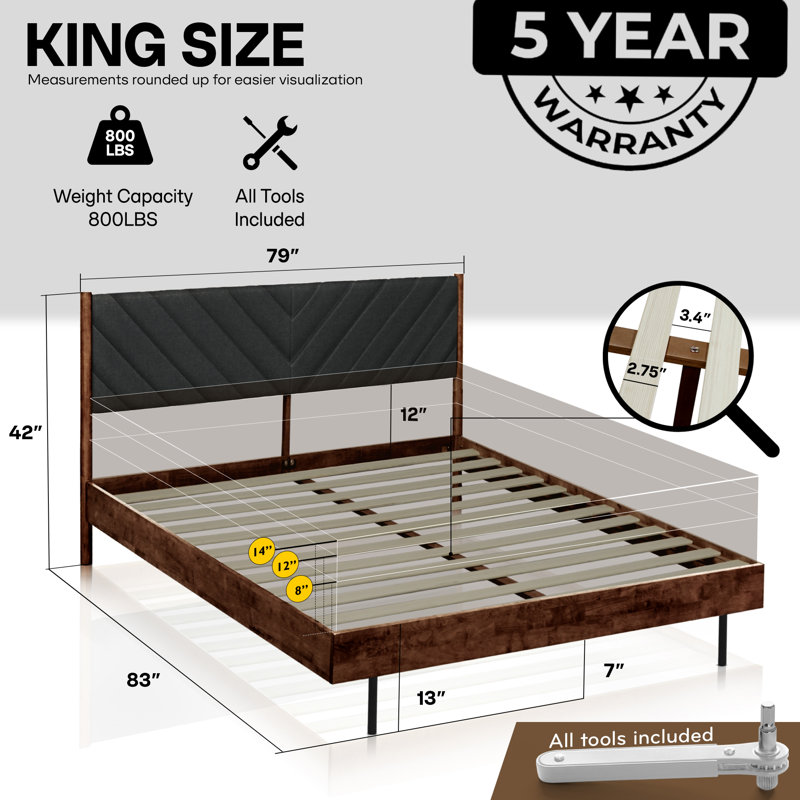 Acacia Astoria Premium Solid Wood Platform Bed with Upholstered Headboard, Midcentury Modern Bed Frame, King Size Bed Frame, Walnut Finish