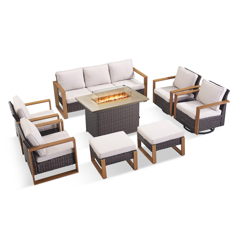 Aldiana 8-Piece Outdoor Conversation Set With Swivel Gliders And Fire Pit Table, 9-Person Wicker Patio Seating With Sofa, Armchairs & Ottomans