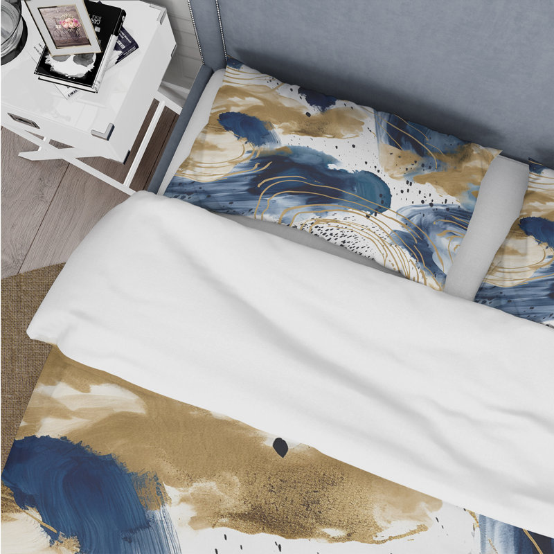 Ensemble de housse de couette à motifs abstraits avec textures bleues et dorées II - Collages abstraits
