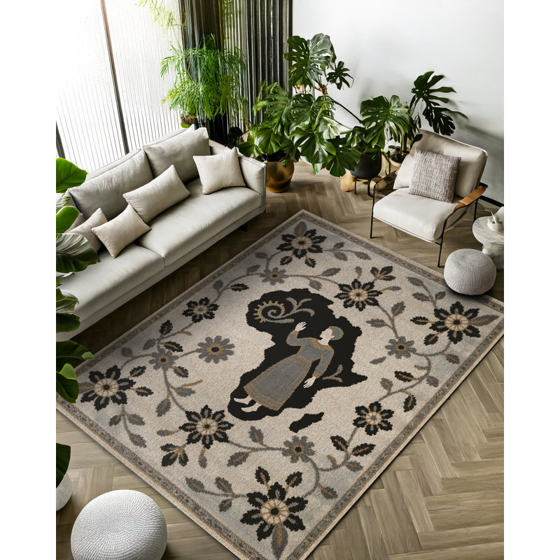 Annie Collection Digital Print Cotton-Polyester Gray Human Figured Floral Rug, Rectangle 6'7" x 8'3"