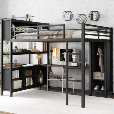 Metal Loft Bed For Teens Adults, Queen Size With Wardrobe & Desk And Desk, Ideal Limited Space