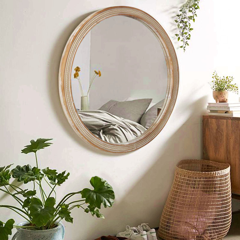 Miroir mural rond rond avec cadre texturé en rotin tissé (23,62 po), miroir décoratif moderne rustique