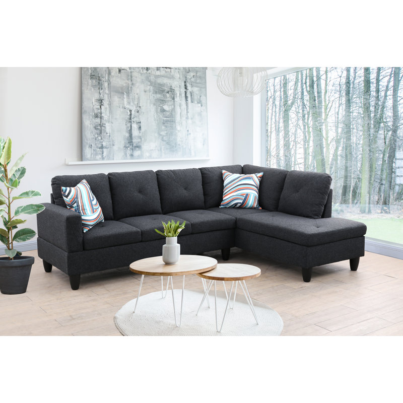 Cassie 97" Wide Sofa & Chaise, Black Linen Blend, Right Hand Facing