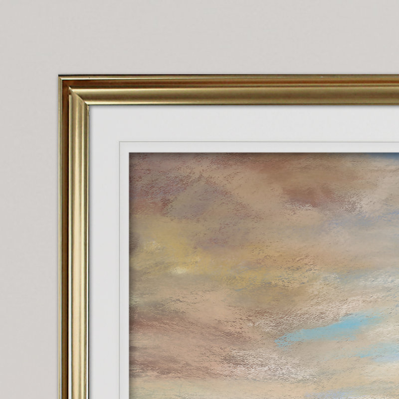 « pré coucher de soleil », reproduction de peinture à l’acrylique encadrée, H 30 po x l 40 po x P 1,5 po, Or