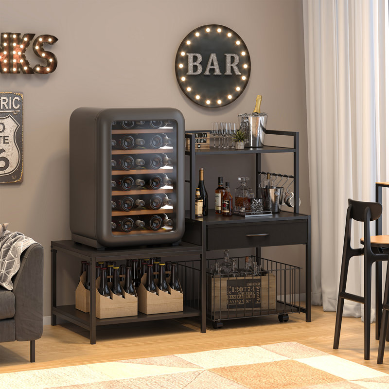 Mini Fridge Stand With Storage, Mini Refrigerator Stand With Power Outlet, Wine Fridge Table With Movable Storage Basket, Heavy Duty Beverage Refrigerator Table For Dorm Home Use (black)
