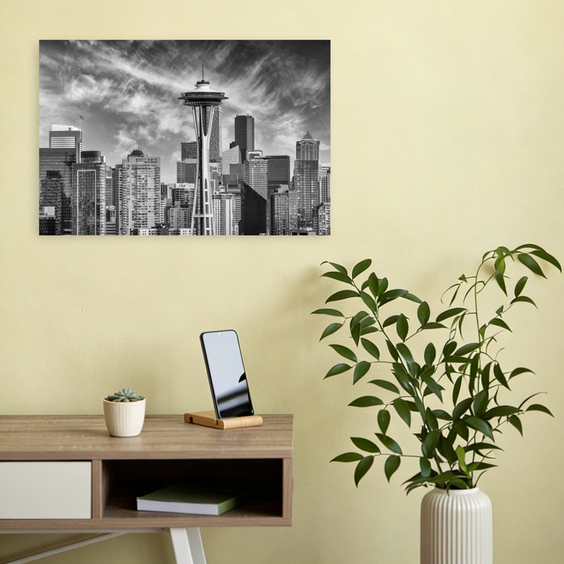 «Seattle Space Needle Skyline Dramatic Modern Abstract Architecture City», reproduction d'art murale, 12" H x 18" W