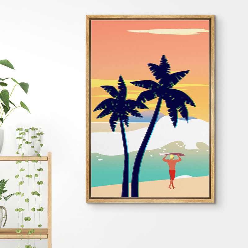 Coastal Beach " Prepared The Surfboard With Two Coconut Tree Standing Aside ", Brown Framed, 36" H x 24" W x 1.5" D