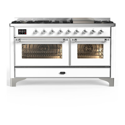 Cuisinière à double combustible 60 pouces avec 7 brûleurs scellés et plaque chauffante Majestic III Series en blanc (gaz naturel, garniture chromée)