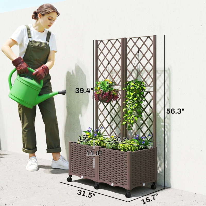 Boîte à fleurs mobile pour l'extérieur, avec treillis, support de croissance 2 en 1, fonction d'arrosage automatique, six roues à quatre freins, plastique PP aspect, volume de 22,5 gallons, boîte à fleurs brune élégante