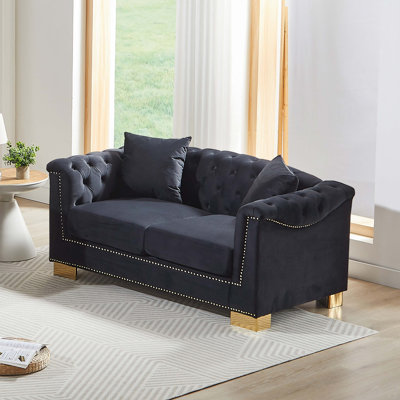 Classic Modern Style Sofa, 62-inch Chesterfield Classic Rolled Arm Tucked-in Nailhead Decor Cloud Two-Seater Velvet Sofa, Luxury Double Sofa Suitable for Living Room, Bedroom, Apartment