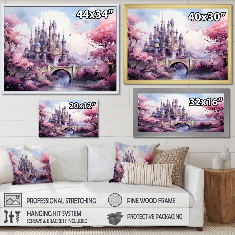 Pink Bridge Enchanted Crossing II - Architecture Canvas Art Print, Encadrement doré, H 30 po x l 40 po x P 1,5 po