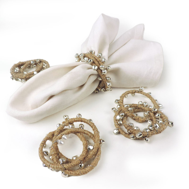Avec anneau de serviette avec clochettes et jute, Argent