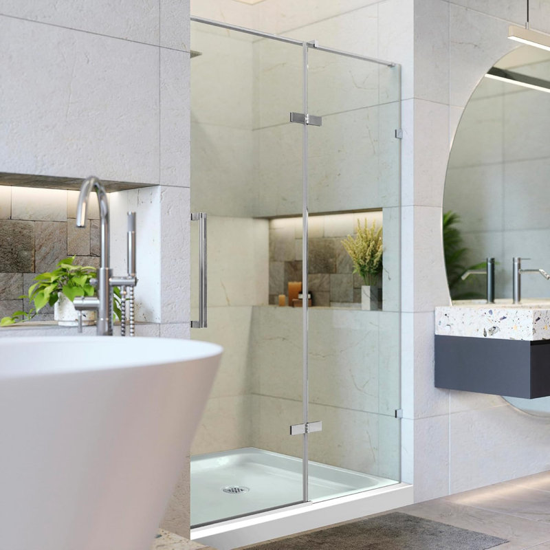 Ensemble de porte de douche sans cadre - Ensemble de porte en verre trempé transparent avec base de douche l 48 po x H 74 po 