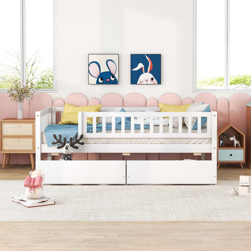 Kids Daybed Wood Bed with Two Drawers, Twin, White