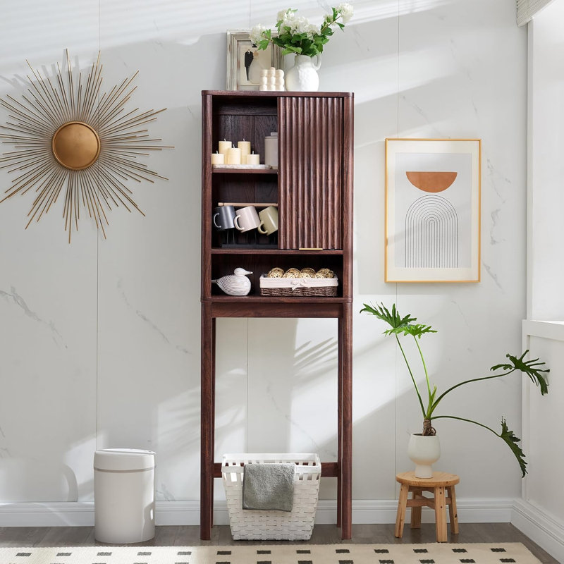 Riccio Freestanding Over The Toilet Storage Cabinet with Sliding Fluted Door Adjustable Shelf, Walnut