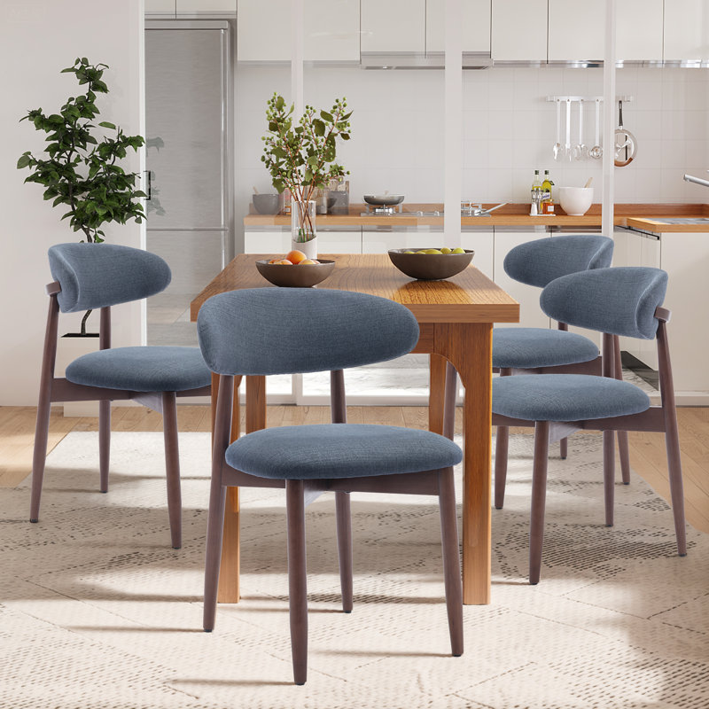 Modern Solid Wood Dining Chair, Upholstered Seat, Curved Ergonomic Backrest, Sturdy Frame Side Chair, Blue